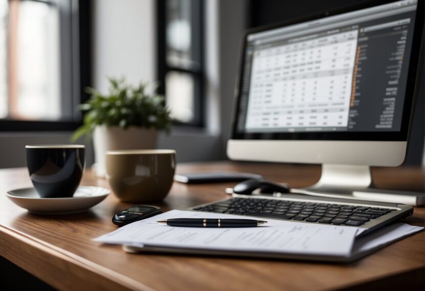 A desk with a laptop open to retirement planning spreadsheets, surrounded by a calculator, pen, and notepad. A cup of coffee sits nearby