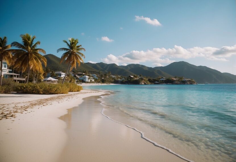 palm trees, white sand, blue sky containing clouds, mountain in distance